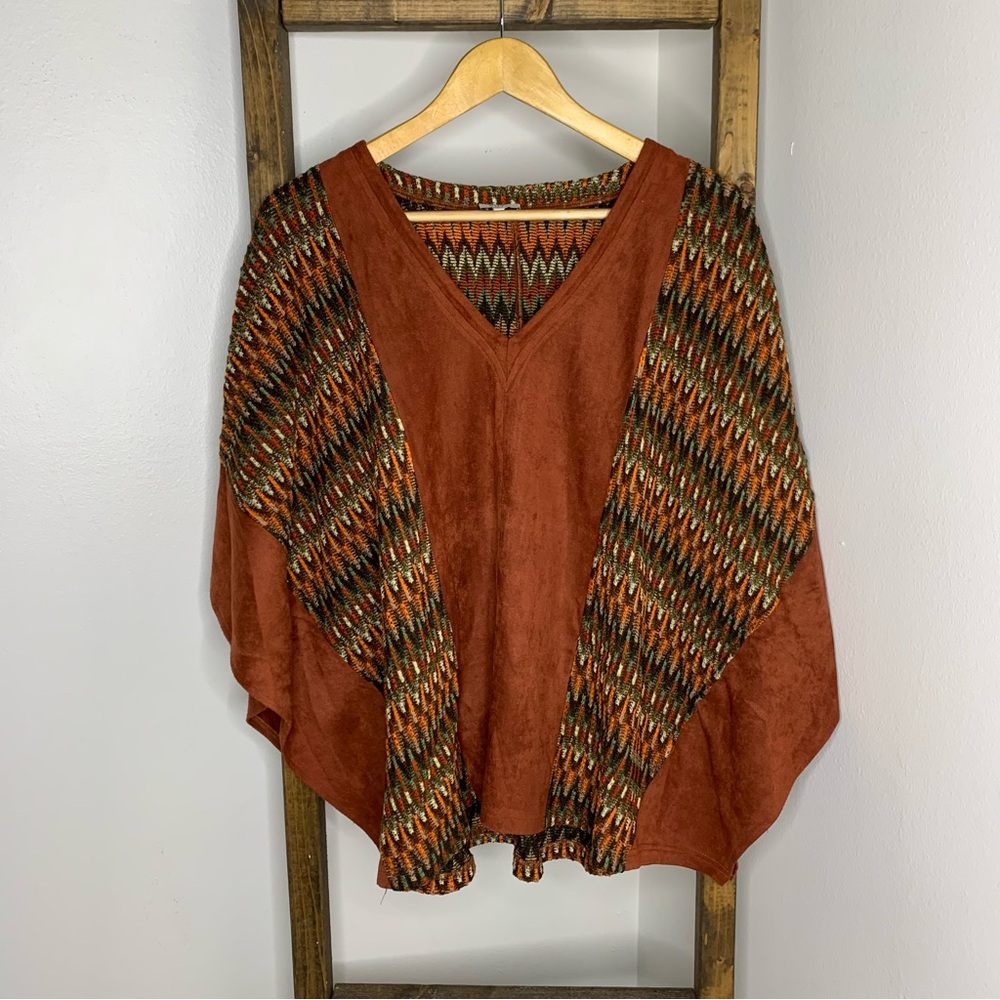 VOY Rust Multicolor V-Neck Poncho Size S